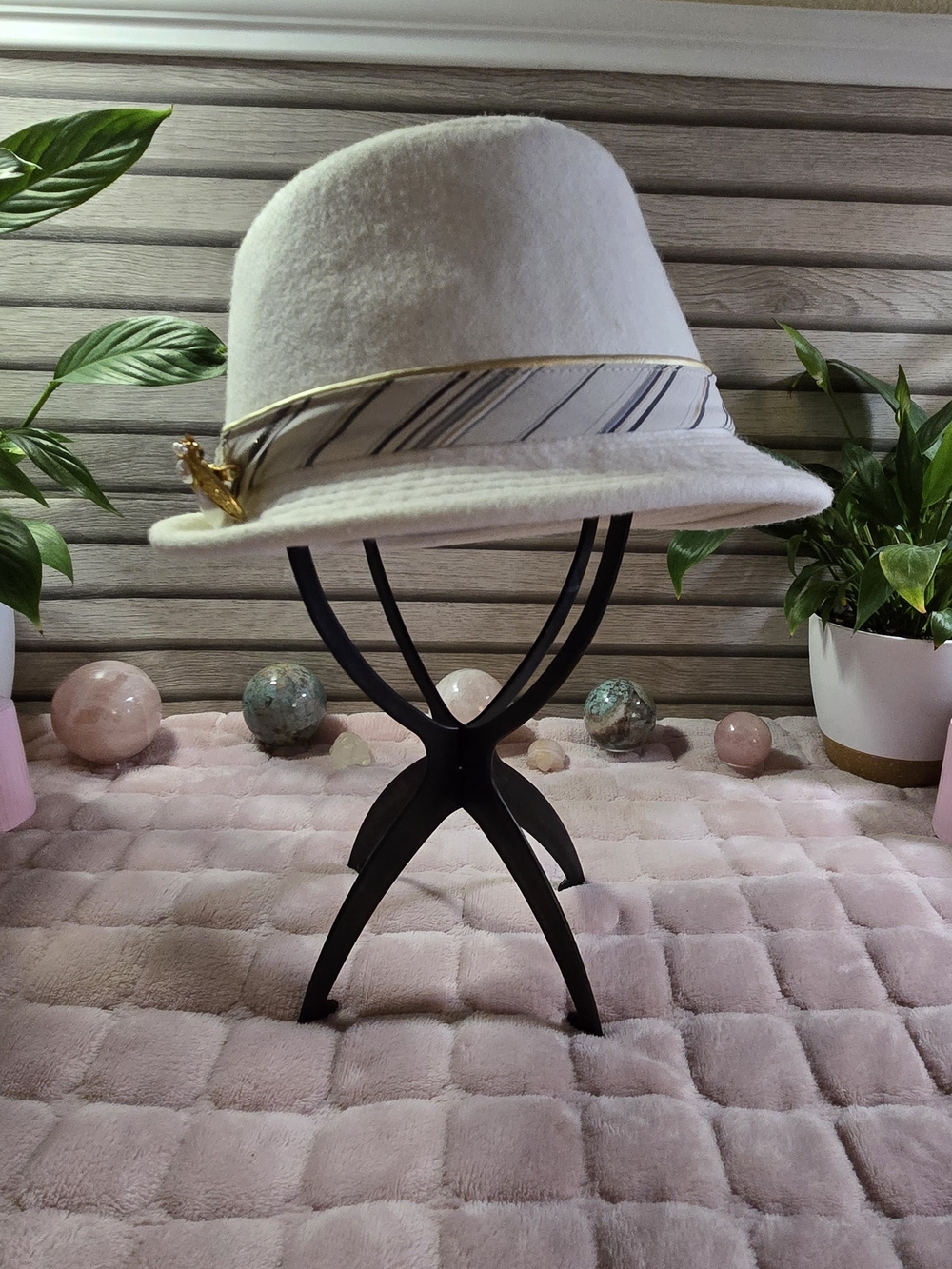 White Felt Fedora Hat with Striped Band and Gold Accent